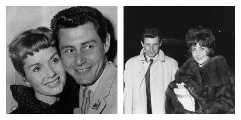 On the left is a black and white photo of Eddie Fisher and Debbie Reynolds cheek to cheek. On the right is Eddie Fisher and Elizabeth Taylor arm in arm.