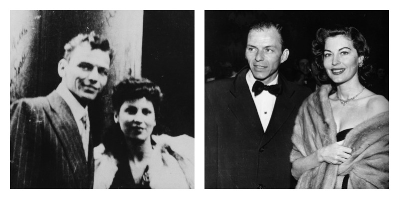 On the left is a black and white picture of Frank and Nancy Sinatra. On the right is a black and white picture of Frank Sinatra and Ava Gardner.