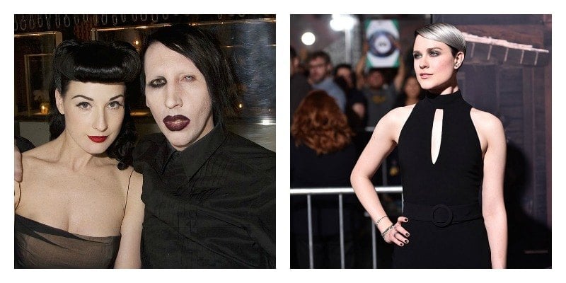 On the left Marilyn Manson and Dita Von Teese pose together in a booth. On the right Evan Rachel Wood poses in a black dress.