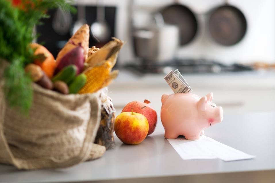 money in piggy bank next to bag of produce