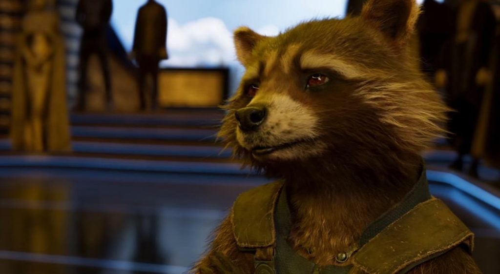 Rocket Raccoon looking to the left of the frame