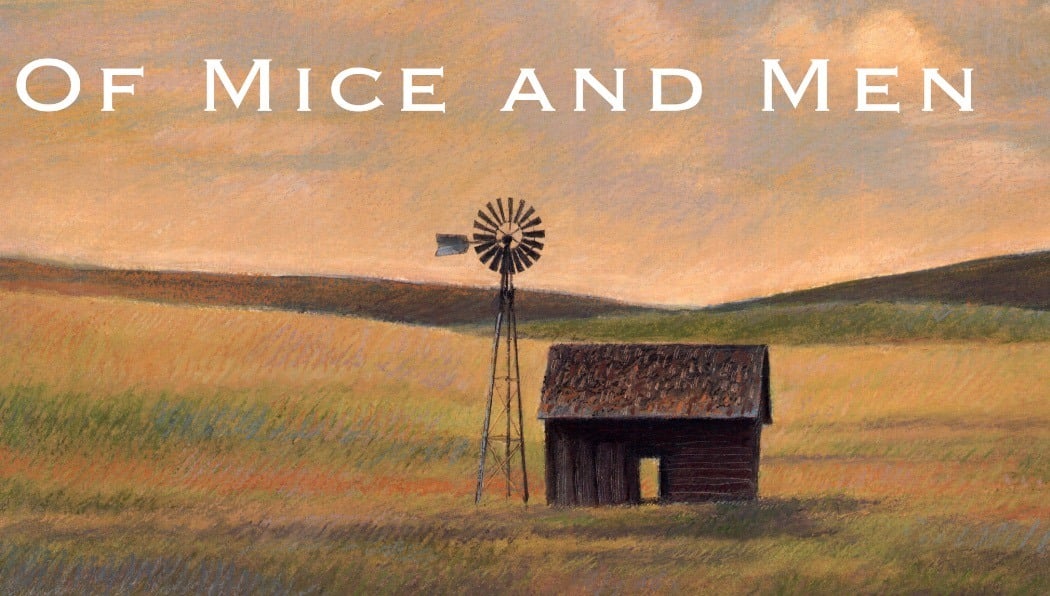 Of Mice and Men Cover Art, featuring a small brown farm house and a wind mill in a field