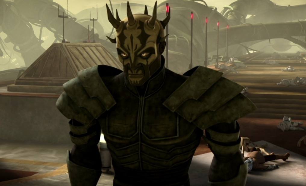 Darth Maul's brother, wearing black played armor, and looking menacingly off to the left of the frame