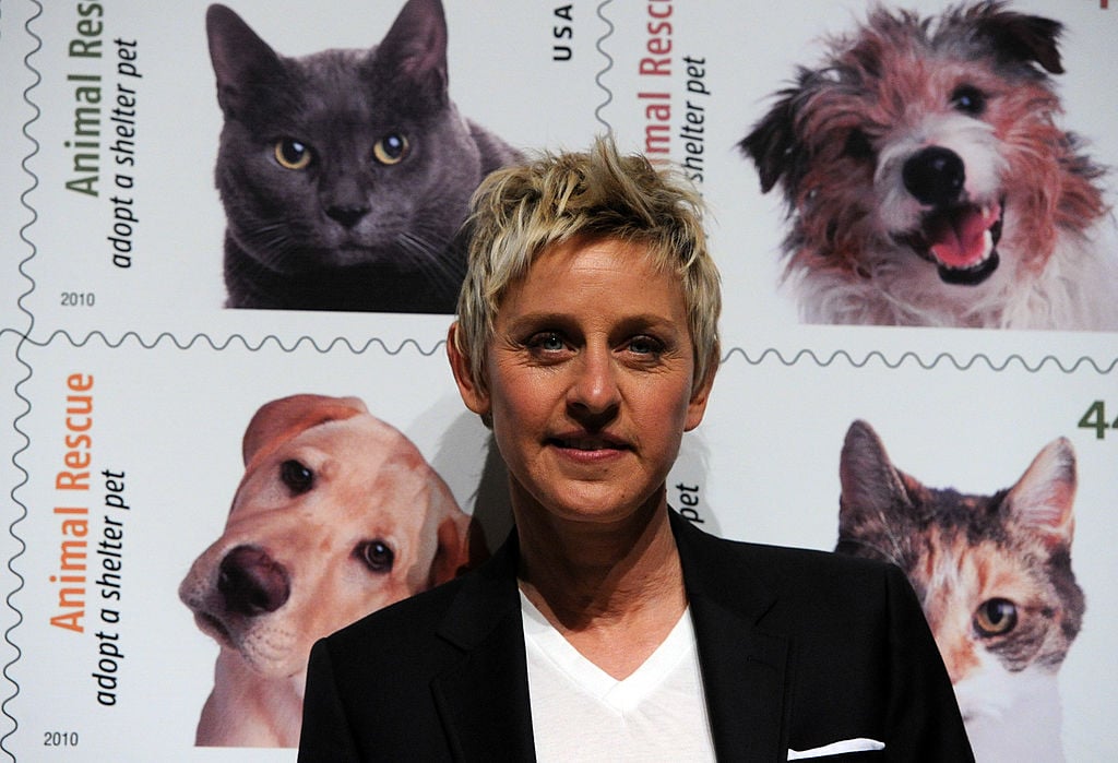 Ellen DeGeneres in front of animal rescue stamps