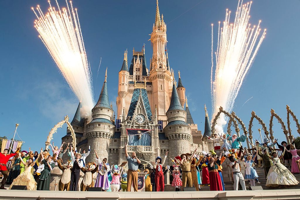 Walt Disney World Resort castle and characters with fireworks