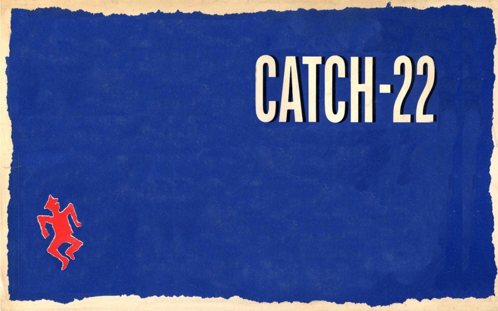 Cover art for Catch 22, set to a blue background and a red dancing stick figure