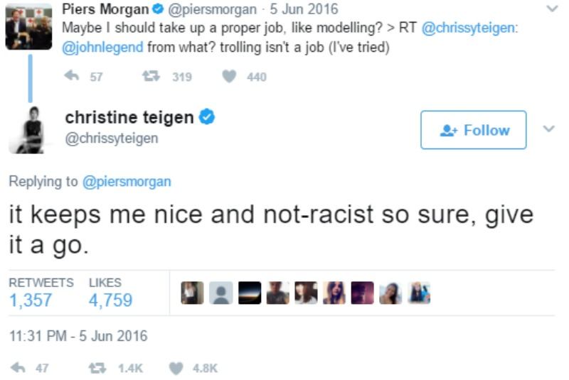 Chrissy Teigen tweets "it keeps me nice and not-racist so sure, give it a go."