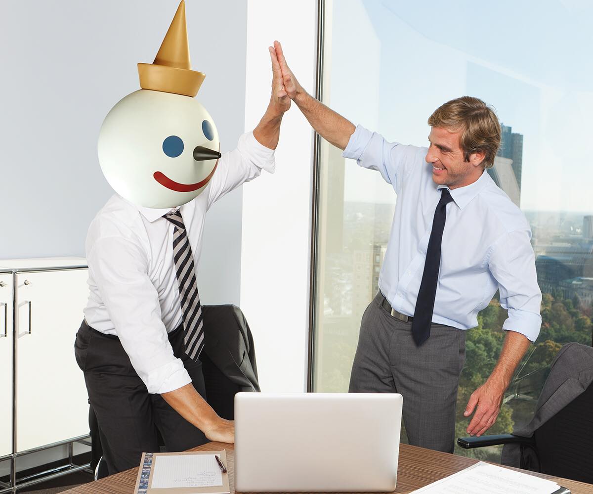 jack in the box mascot high-fiving person