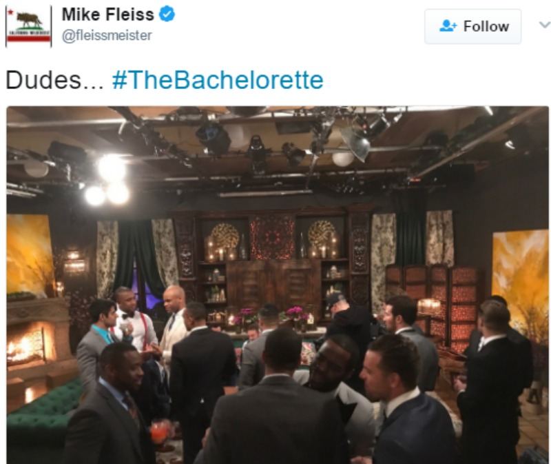 This is a tweet of a picture of the men on the first night of The Bachelorette.