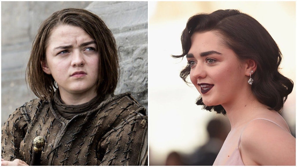 Maisie Williams side-by-side comparison, one with her on Game of Thrones, and the other with her dressed up on the red carpet