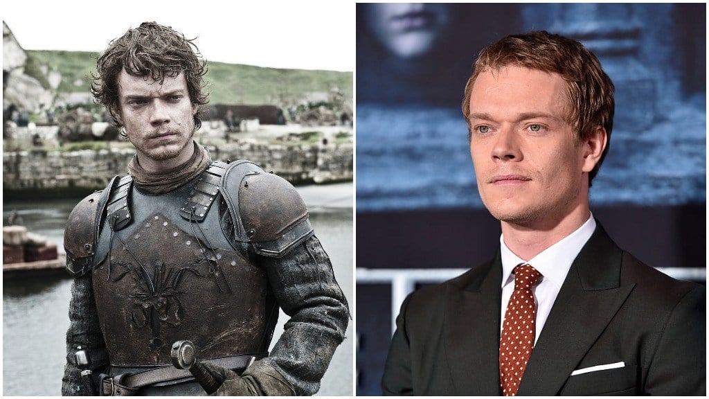 A side-by-side comparison of Alfie Allen as Theon Greyjoy, and dressed in a suit with a red tie on the red carpet