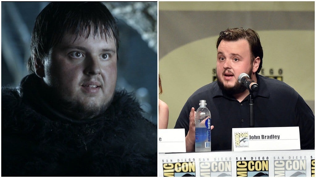 A side-by-side comparison of John Bradley as Samwell Tarly, and speaking at a Comic-Con panel