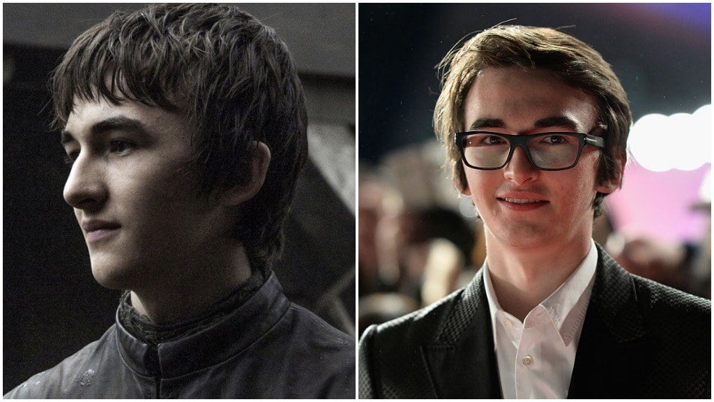 A side-by-side comparison of Isaac Hempstead Wright as Bran Stark, and wearing glasses and a suit on the red carpet