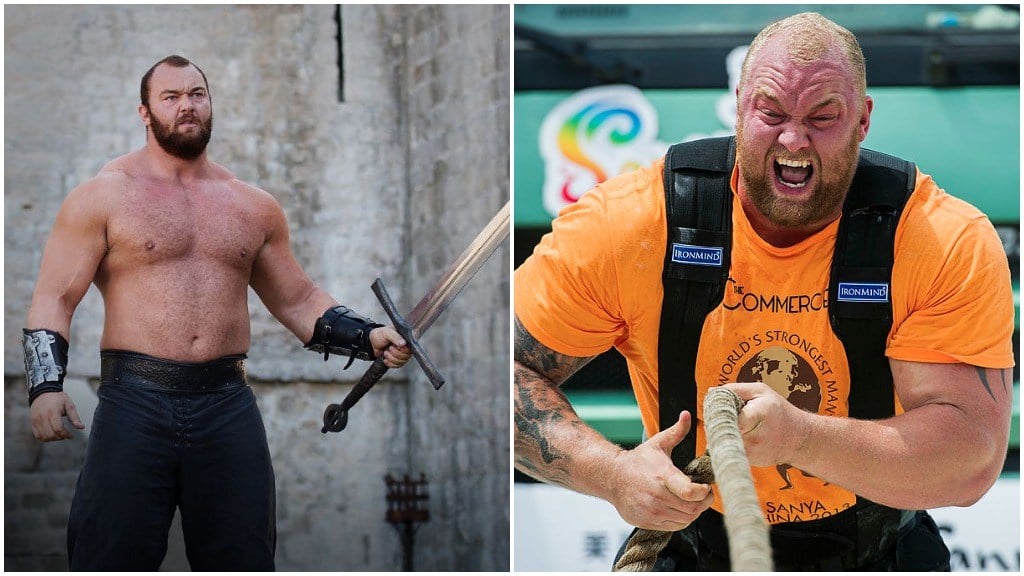 A side-by-side comparison of Hafþór Júlíus Björnsson, as the Mountain on Game of Thrones, and screaming while pulling a large rope in the World's Strongest Man Competition