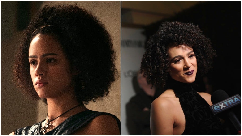 A side-by-side comparison of Nathalie Emmanuel, as Missandei on Game of Thrones, and wearing a black dress and smiling on the red carpet