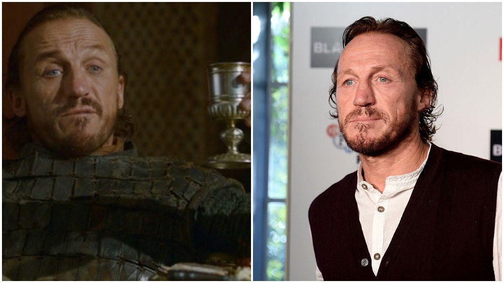 A side-by-side comparison of Jerome Flynn as Bronn in Game of Thrones, and wearing a suit on the red carpet for a screening of Black Mirror