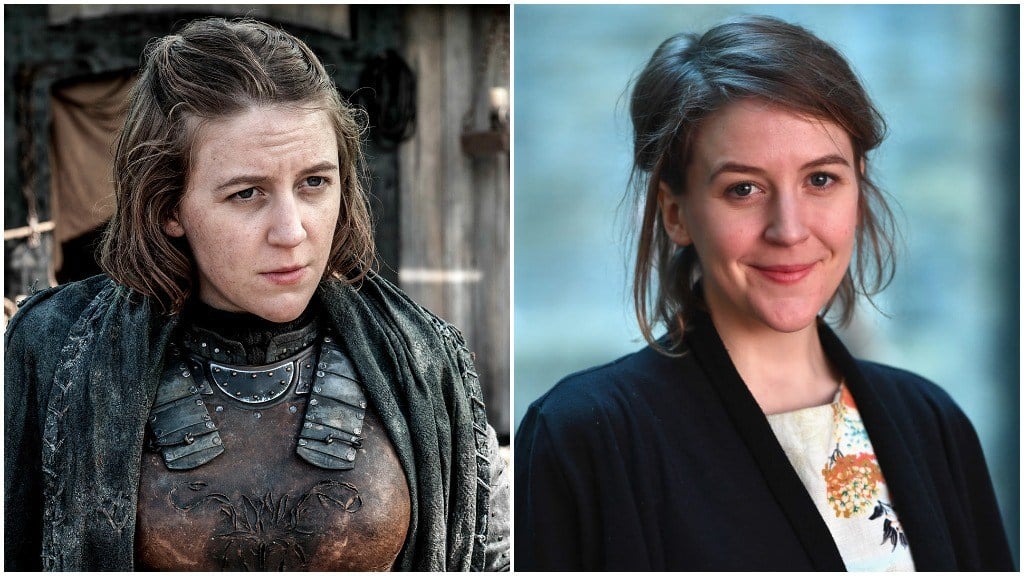 A side-by-side comparison of Gemma Whalen, as Yara Greyjoy on Game of Thrones, and wearing a black sweater over a flower pattern dress, smiling for the camera