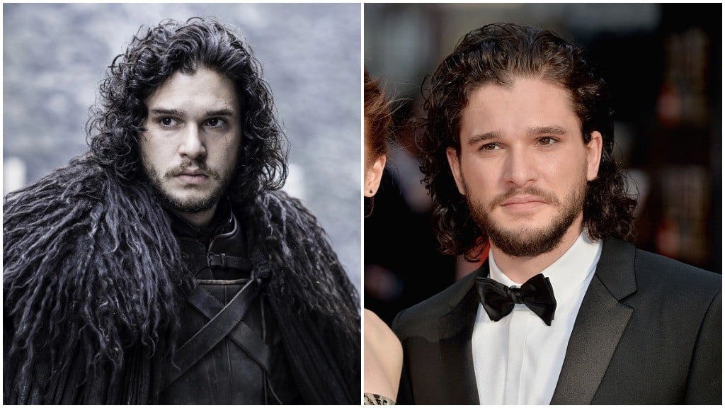 A side-by-side of Kit Harrington, first as Jon Snow, and second in a tuxedo on the red carpet