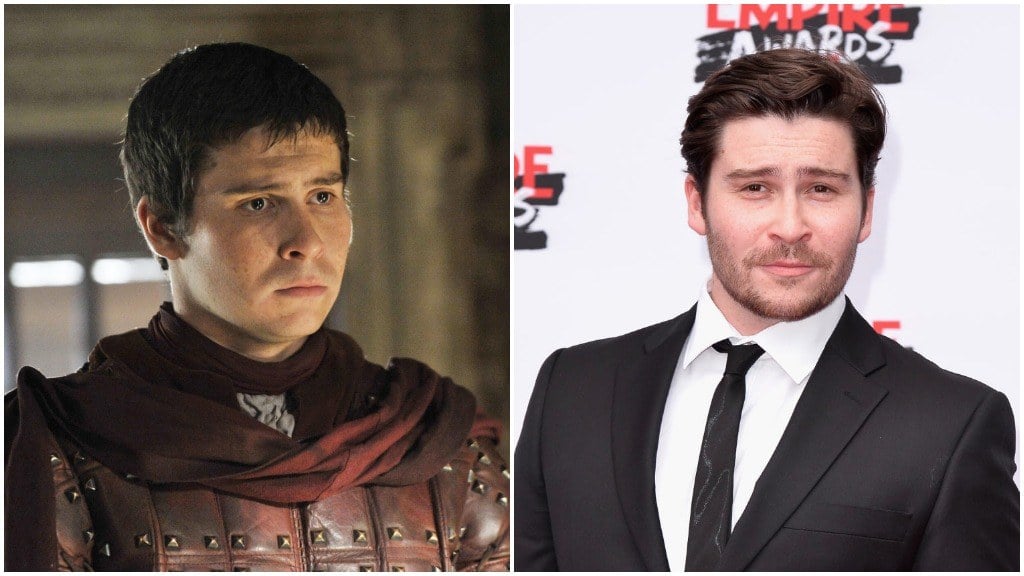 A side-by-side comparison of Daniel Portman as Podrick Payne, and wearing a suit, sporting a beard on the red carpet