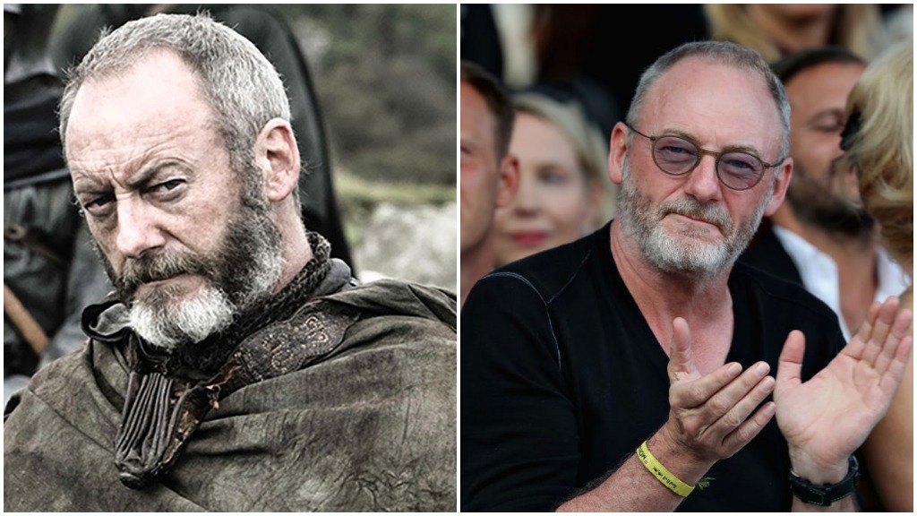 A side-by-side comparison of Liam Cunningham as Davos Seaworth, and wearing a black t-shirt while applauding at a fashion show