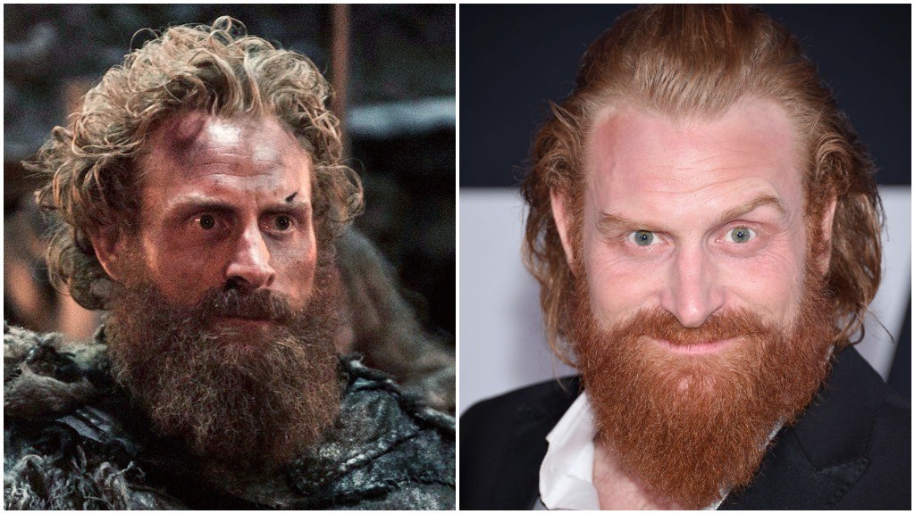A side-by-side comparison of Kristofer Hivju as Tormund Giantsbane, and wearing a suit and smiling on the red carpet
