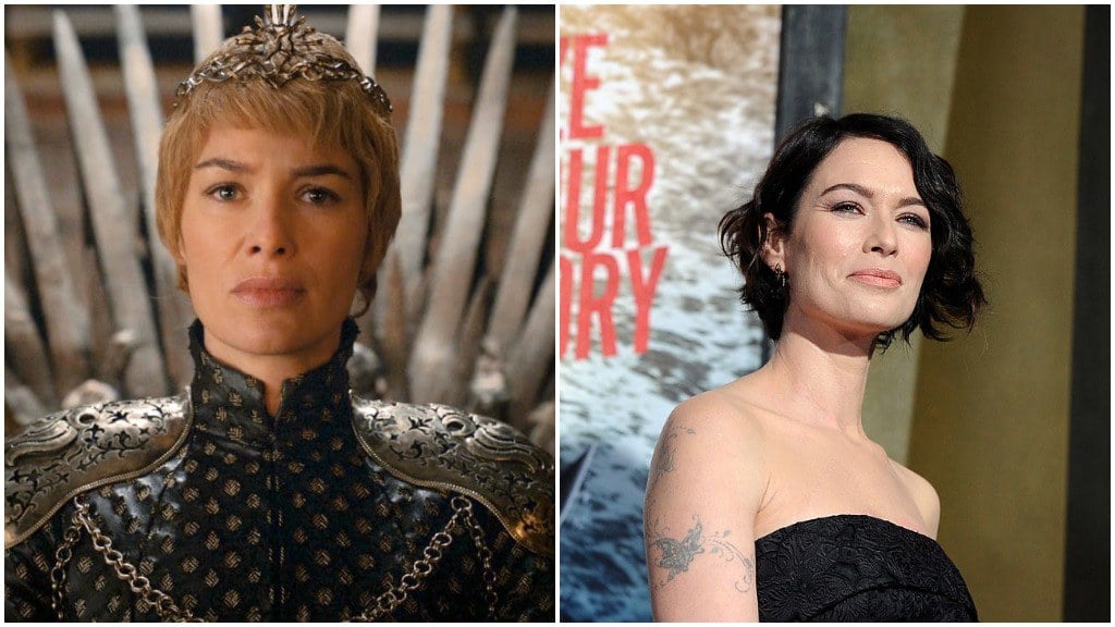 A side-by-side comparison of Lena Headey, first as Cersei Lannister, and second dressed up on the red carpet for the premiere of 300