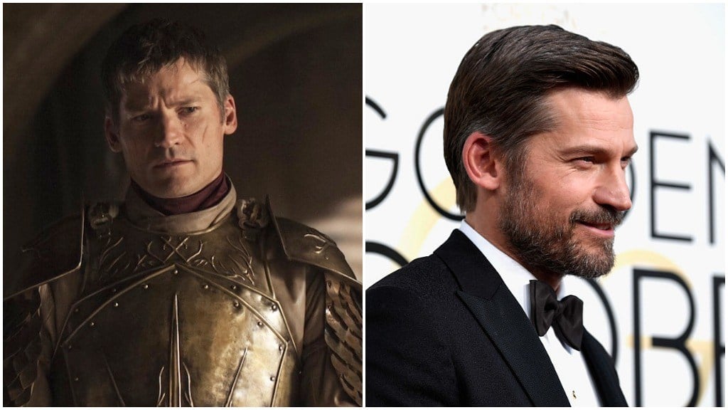 Nikolaj Coster Waldau in a side-by-side comparison, first as Jaime Lannister, and second in a tuxedo on the red carpet for the Golden Globes