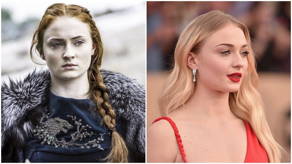 Sophie Turner in a side-by-side comparison, first as Sansa Stark, and second in a red dress at an awards show red carpet