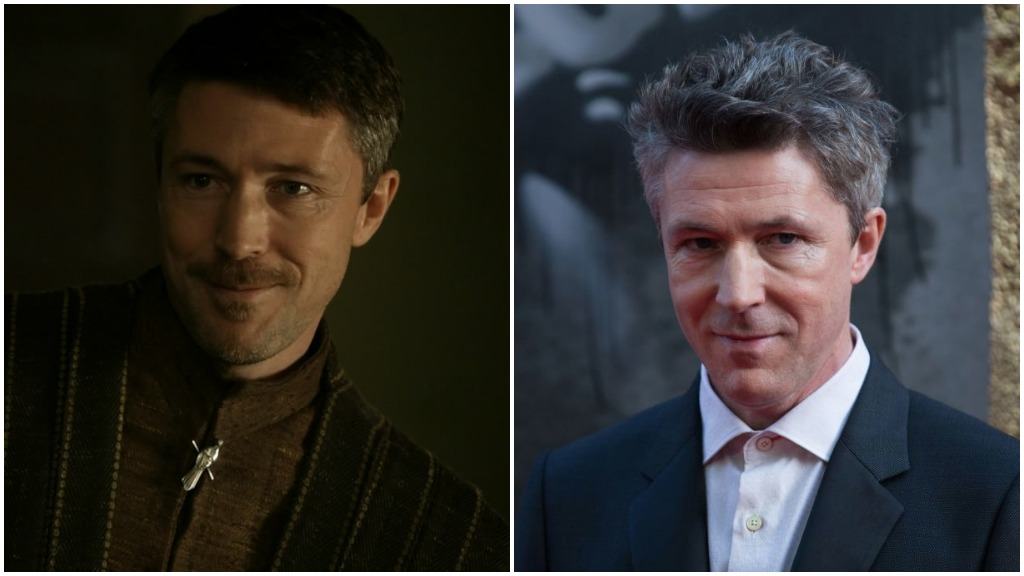 A side-by-side comparison of Aidan Gillen, first as Littlefinger on Game of Thrones, and second on the red carpet in a suit