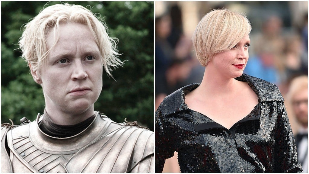 A side-by-side comparison of Gwendoline Christie as Brienne of Tarth, and in a black dress on the red carpet for the SAG Awards