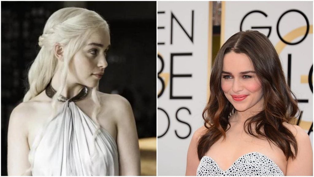 Emilia Clarke side-by-side, one from her role on Game of Thrones, and the other of her dressed up on the red carpet