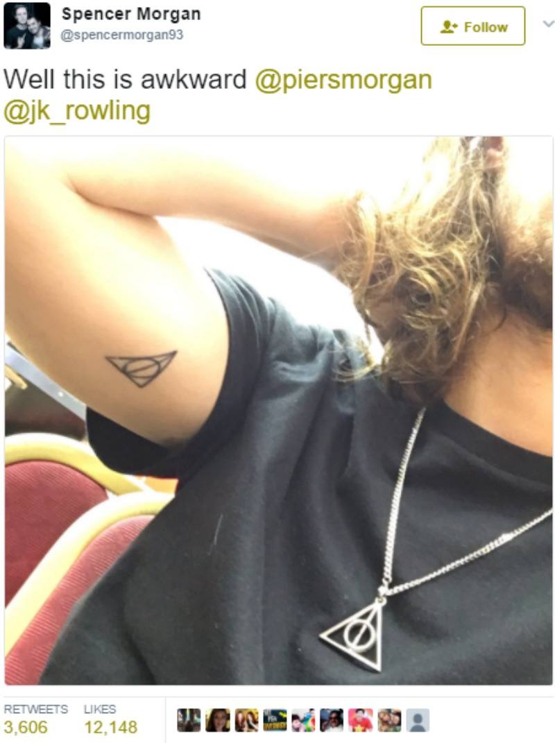 Spencer Morgan shows a tattoo on his arm referencing Harry Potter.