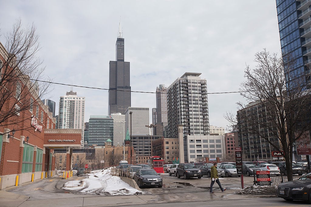 The Willis Tower, formerly known as the Sears Tower, dominates the southern end of the downtown skyline