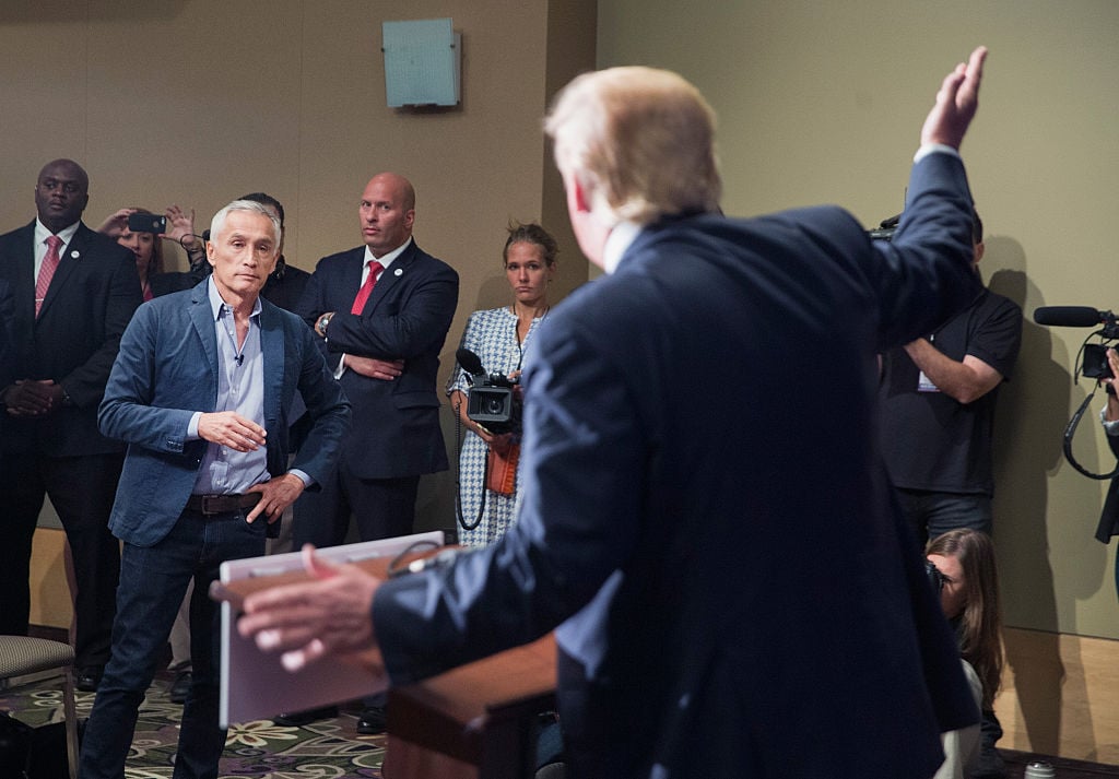 Donald Trump fields a question from Univision and Fusion anchor Jorge Ramos during a press conference