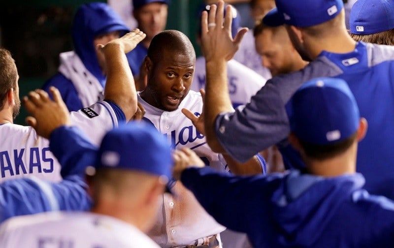 Shot of the Royals dugout during the game at Kauffman Stadium on April 13, 2017 in Kansas City, Missouri.