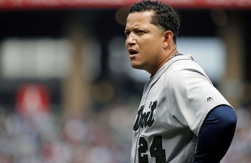 Miguel Cabrera scowls at Guaranteed Rate Field on May 28, 2017 in Chicago, Illinois. MLB players across the league are wearing special uniforms to commemorate Memorial Day.