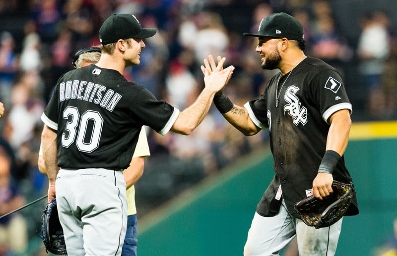 Shot of Melky Cabrera and avid Robertson celebrating after a White Sox win in 2017.