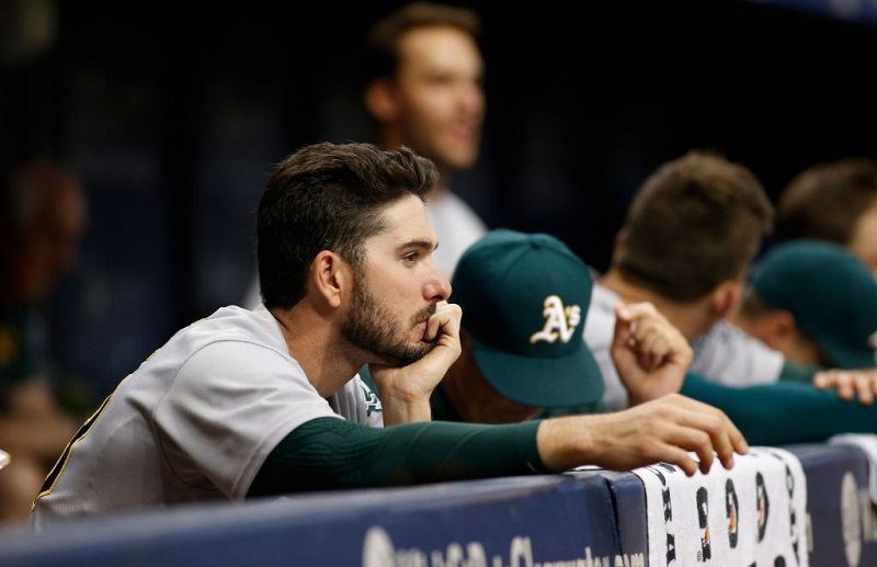 ST. PETERSBURG, FL - JUNE 11: Matt Joyce #23 of the Oakland Athletics looks on from the dugout during the ninth inning of a game against the Tampa Bay Rays on June 11, 2017 at Tropicana Field in St. Petersburg, Florida.
