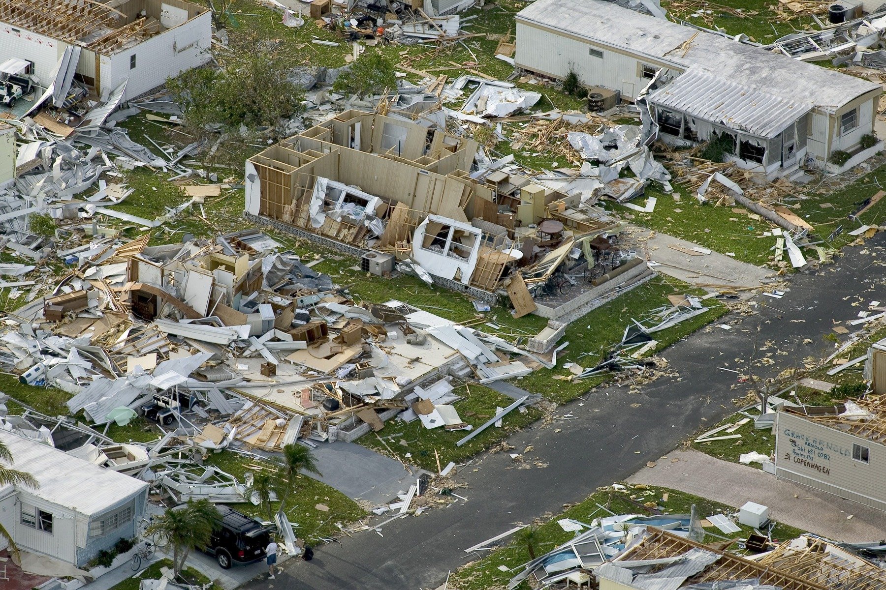 aerial shot of destroyed homes