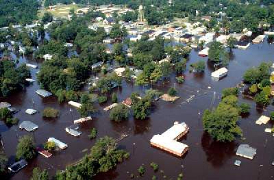 aerial shot of flooded neighborhood