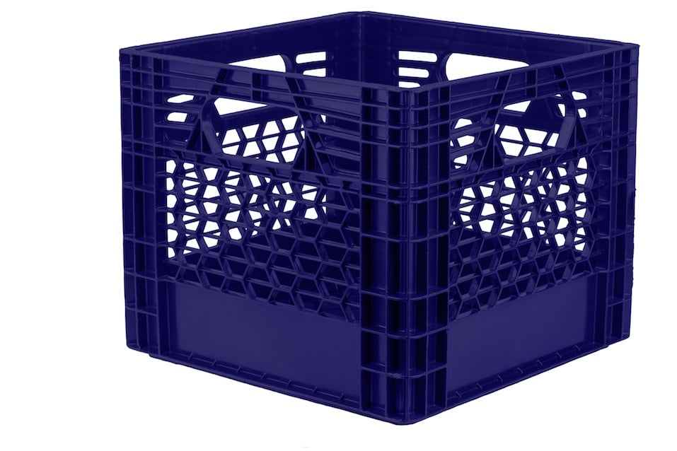 Blue plastic milk crate