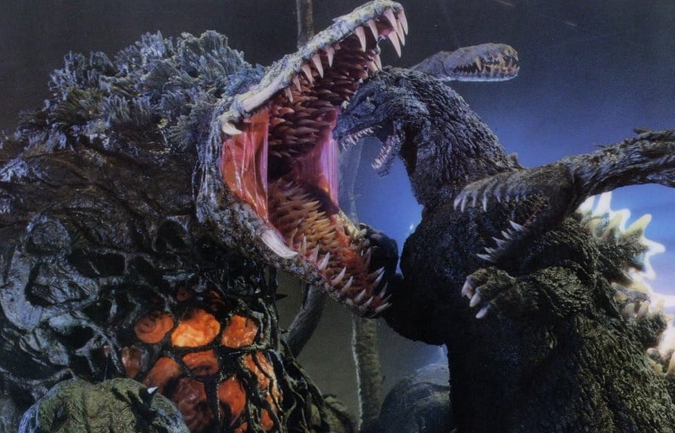 Biollante with his jaw wide open, about to clench down on Godzilla's head