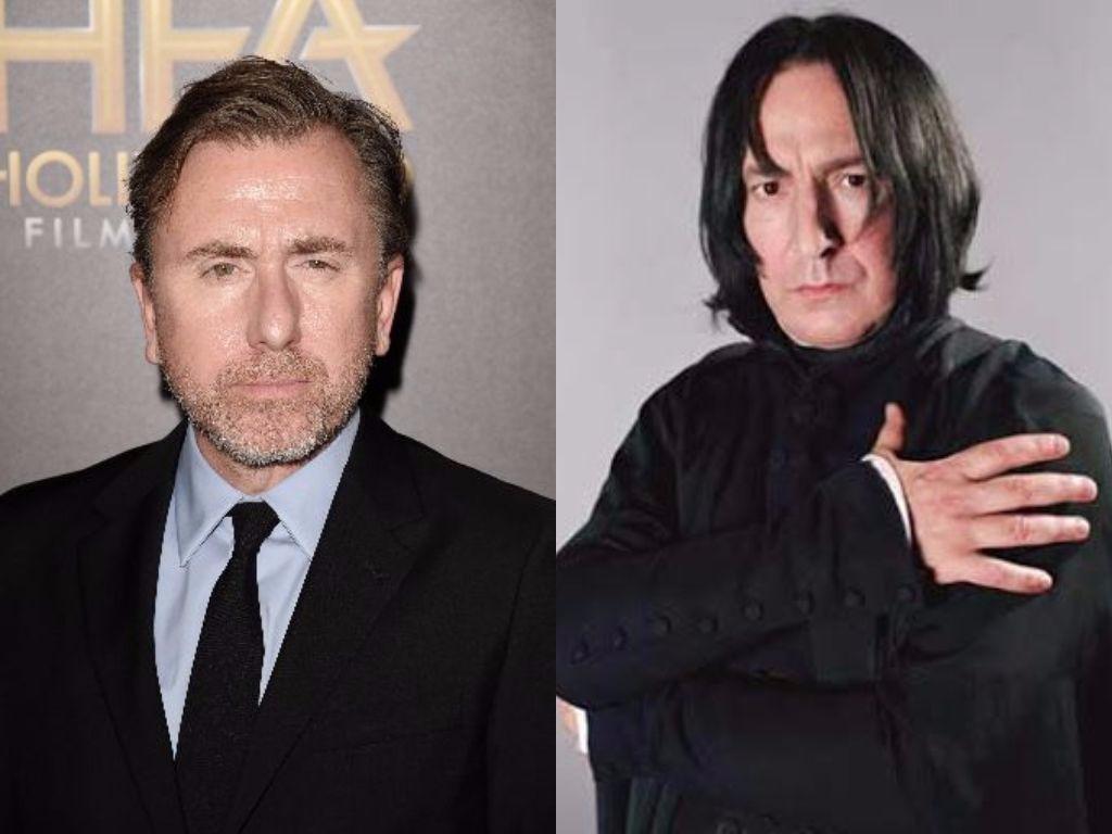 Tim Roth poses for cameras and Alan Rickman's Snape holds his hand to his shoulder in Harry Potter