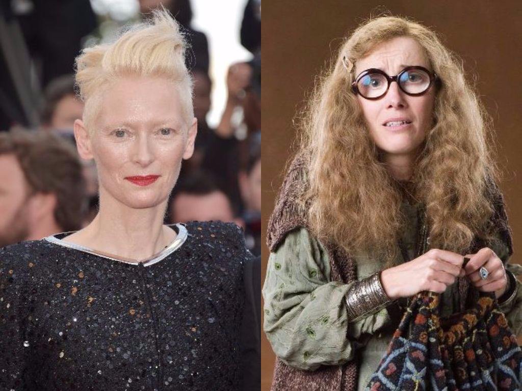 Tilda Swinton on the carpet and Emma Thompson as Sybil Trelawney on Harry Potter