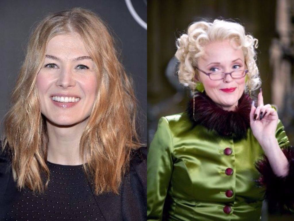 Rosamund Pike on the red carpet and Miranda Richardson holds up her finger as Rita Skeeter in Harry Potter