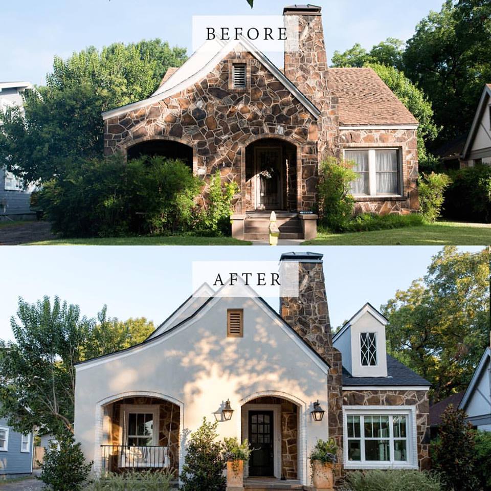 before and after images of a home that got a facade facelift