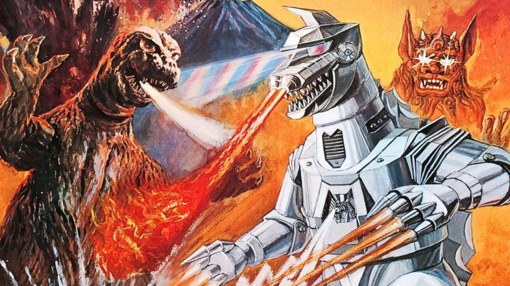 Godzilla and Mechagodzilla do battle, as they both breathe streams of fire at each other, set in front of a mountain in the background