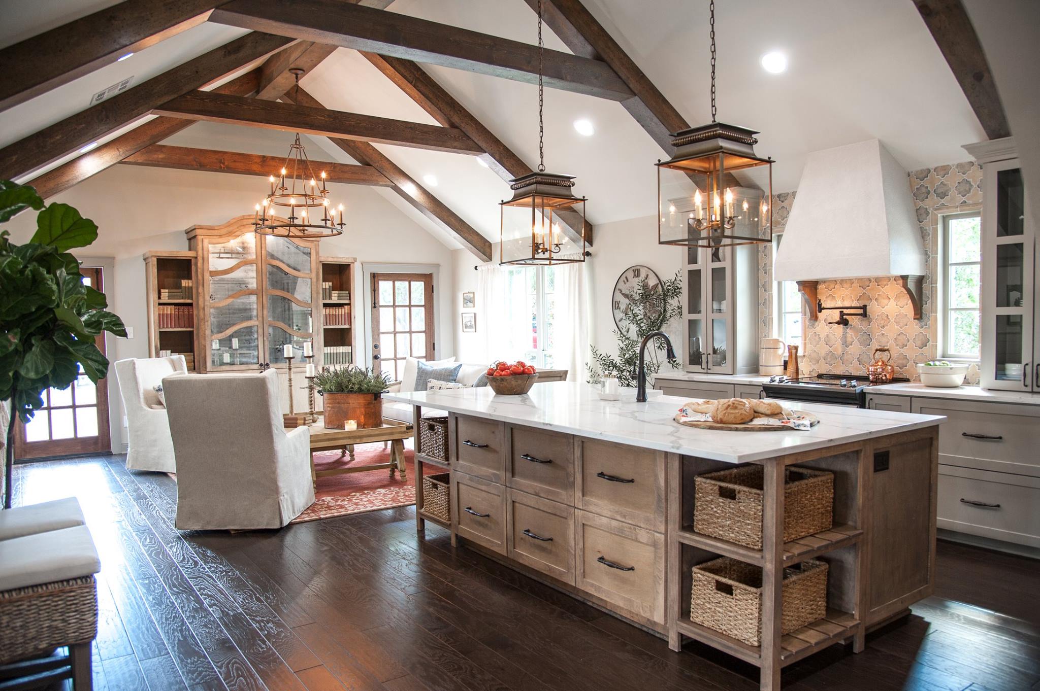 kitchen and living room with large hanging lights
