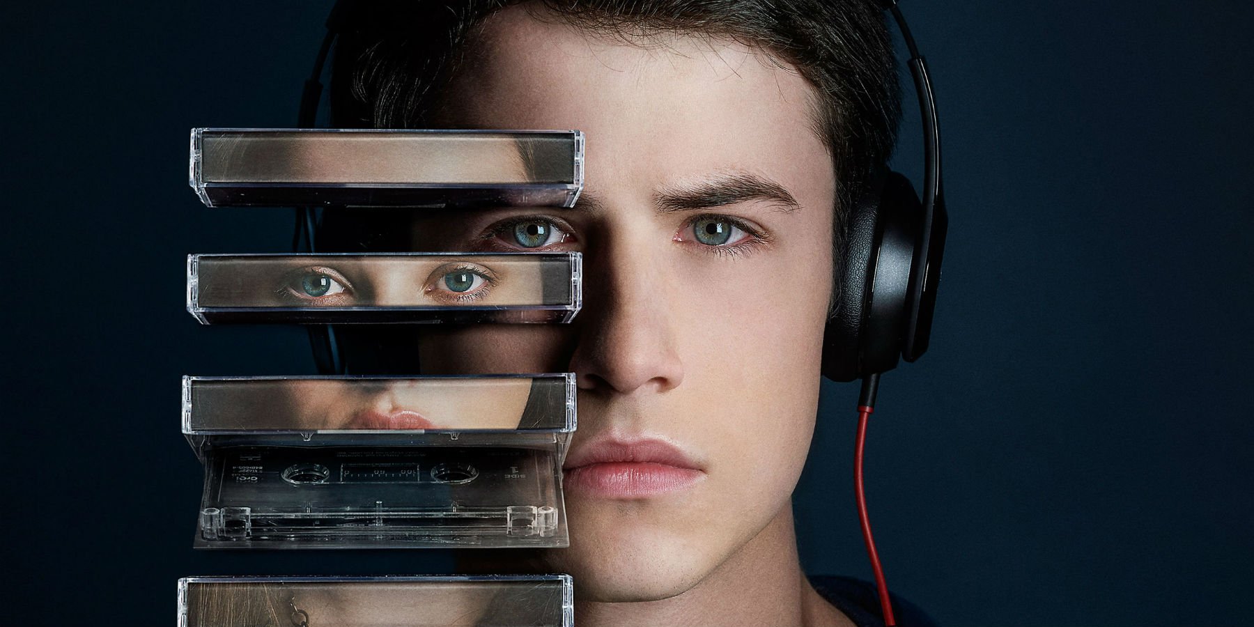 A close-up of Clay's face wearing headphones and listening to tapes in a promotional poster for 13 Reasons Why 