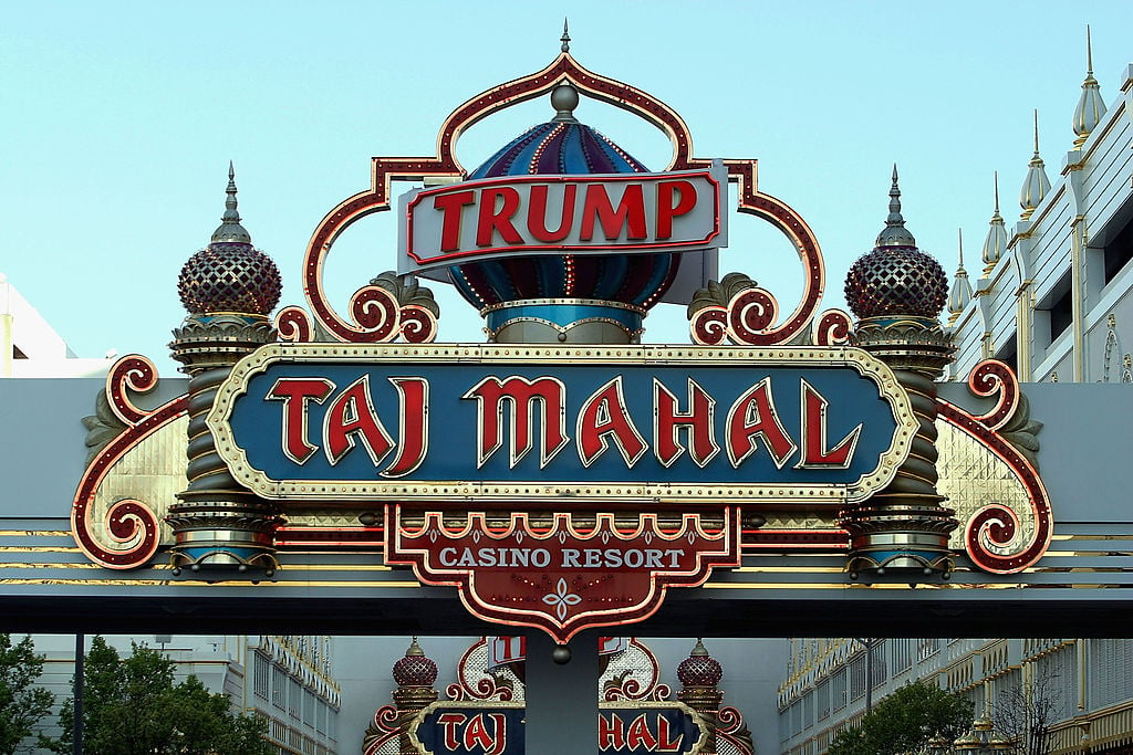 A sign marks the Trump Taj Mahal Hotel and Casino in Atlantic City, New Jersey